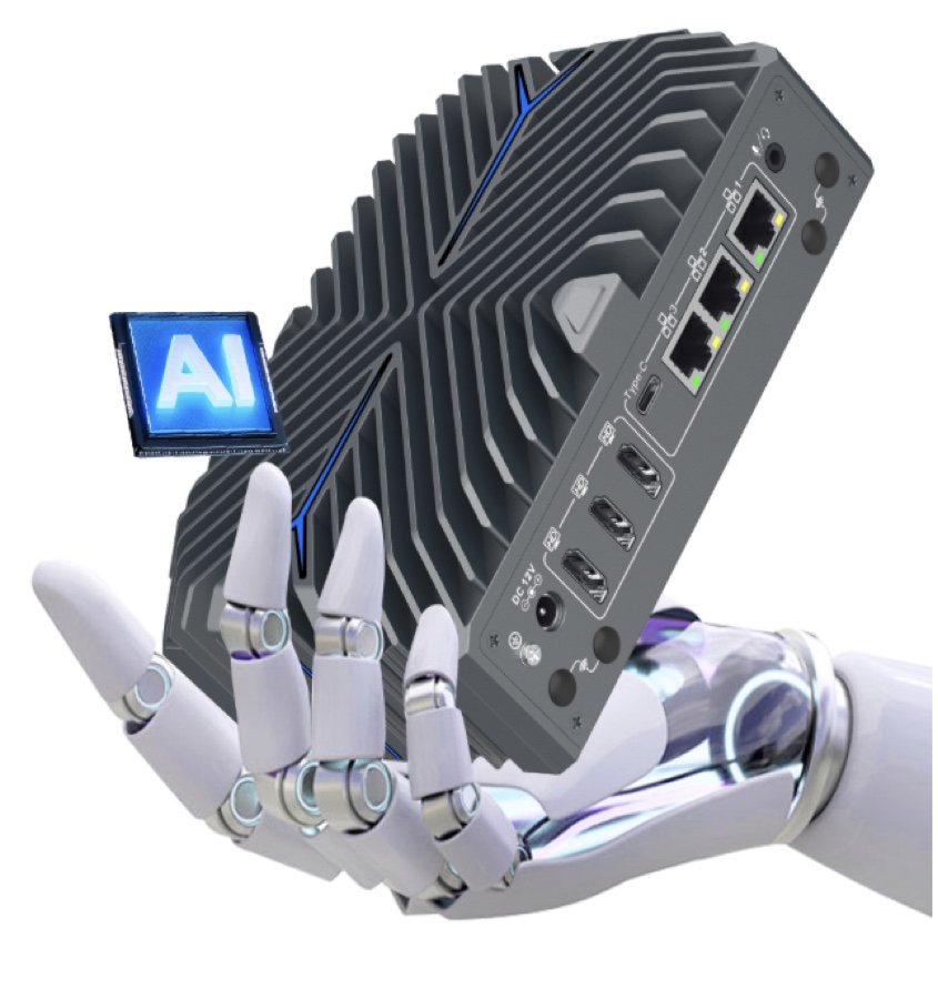 WSX.GW EdgeAI IIoT Gateway: a fanless ruggedised aluminium gateway with three gigabit LAN ports, dual HDMI and USB-C, held in a robotic hand with an AI chip